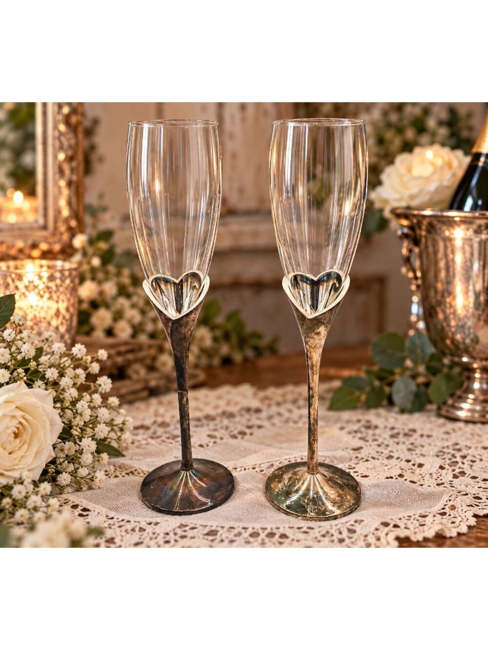 2 Vintage LENOX Champagne Flute Wedding Promise Silver Plated Stems Heart Shape
